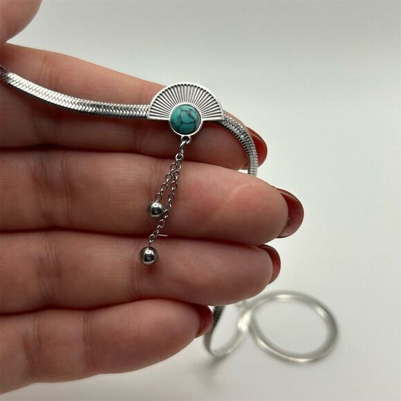 Silver Tone Classic Chic Faux Turquoise Tassel Pendant Necklace Adjustable 18" - Picture 5 of 12